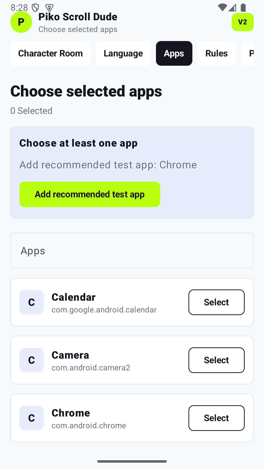 Piko selected app setup screen recommending Chrome as the test app