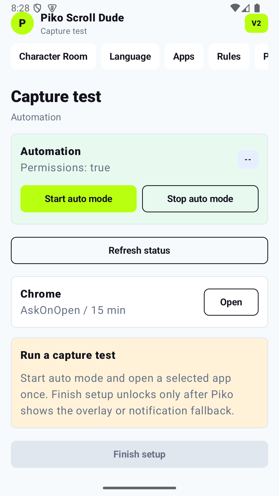 Piko capture test screen with finish setup locked until the capture test runs