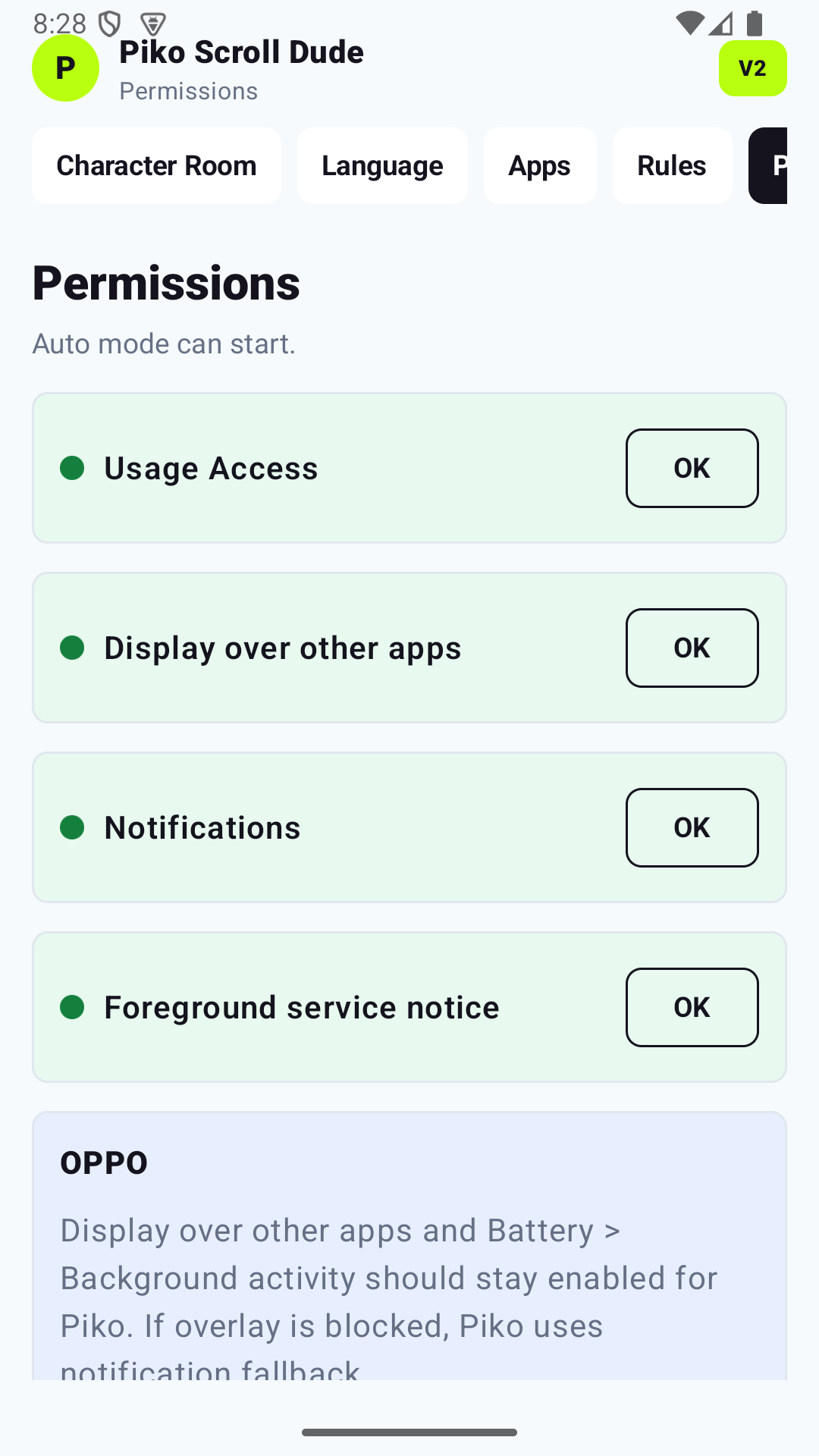 Piko permissions screen showing required permissions ready