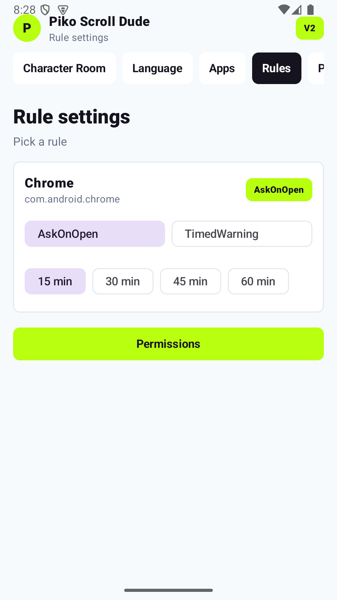 Piko rule settings screen with AskOnOpen and TimedWarning